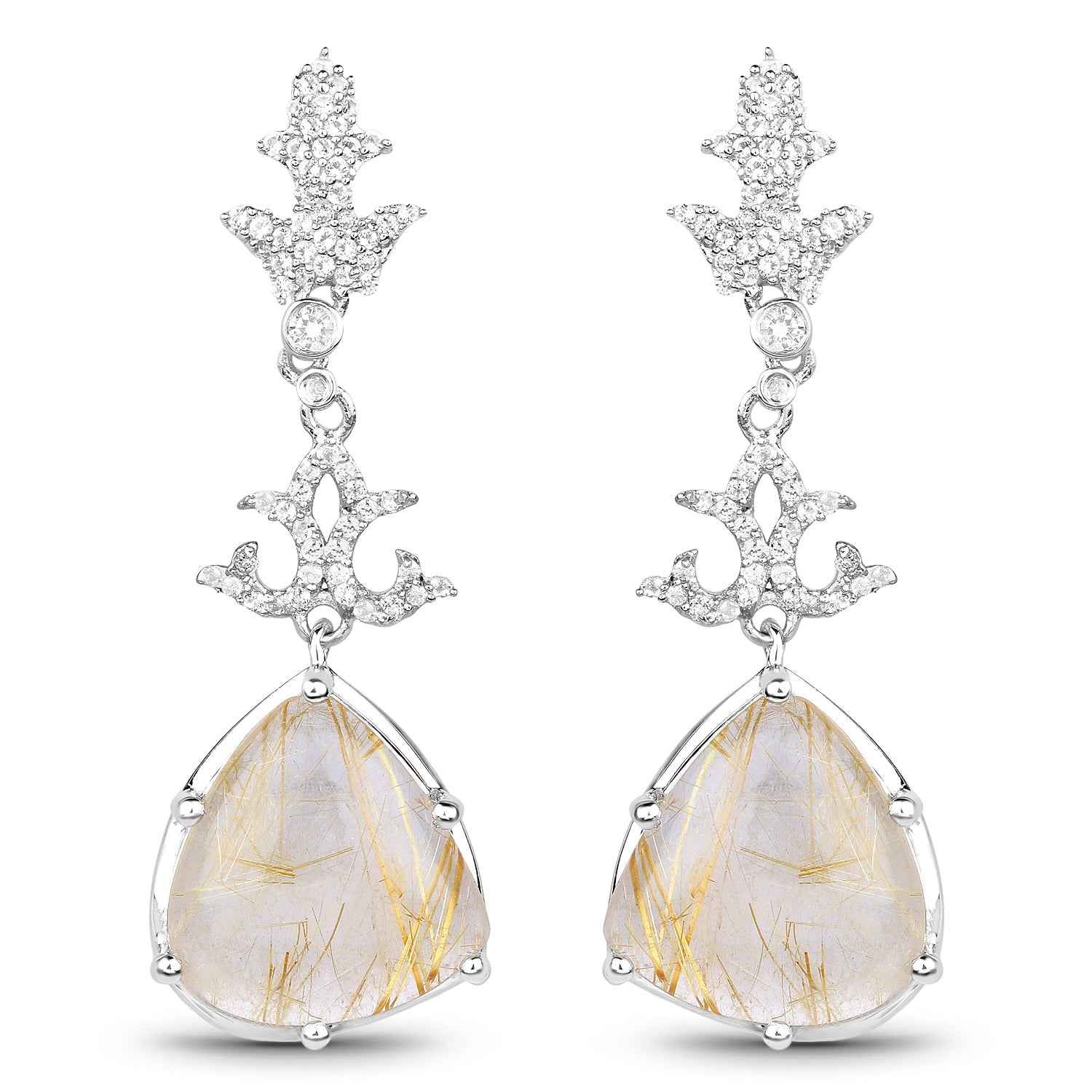 15.97 Carat Genuine Golden Rutile And White Topaz .925 Sterling Silver Earrings