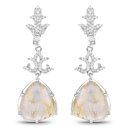 15.97 Carat Genuine Golden Rutile And White Topaz .925 Sterling Silver Earrings