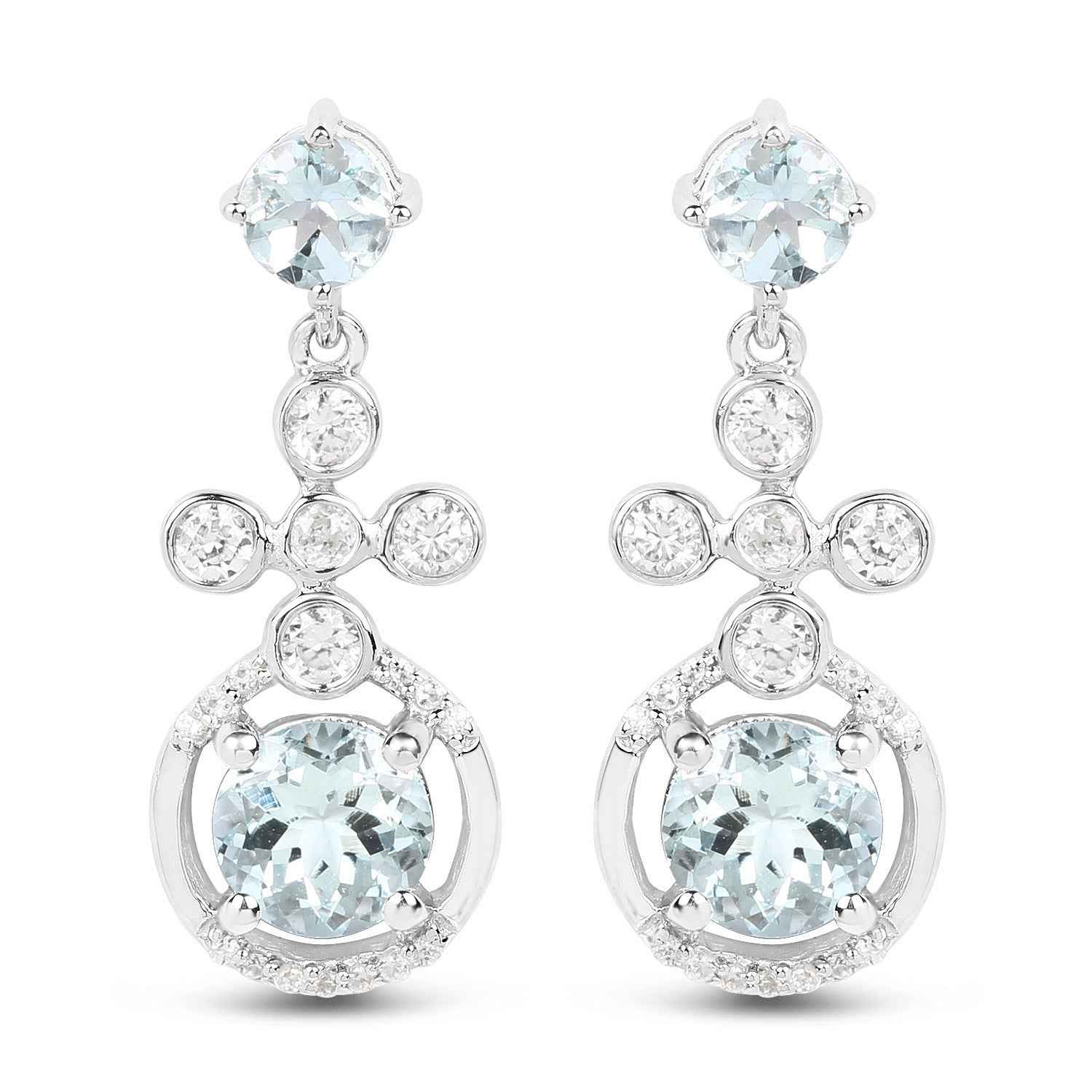 4.42 Carat Genuine Aquamarine and White Zircon .925 Sterling Silver Earrings