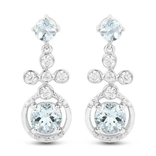 4.42 Carat Genuine Aquamarine and White Zircon .925 Sterling Silver Earrings