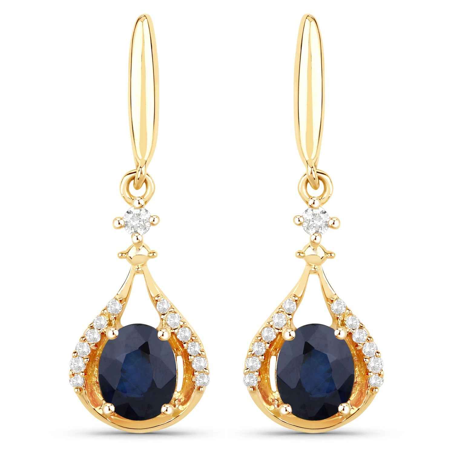 0.86 Carat Genuine Blue Sapphire and White Diamond 14K Yellow Gold Earrings