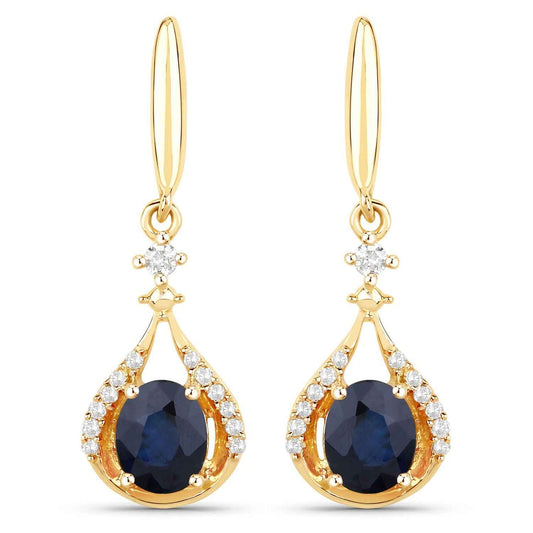 0.86 Carat Genuine Blue Sapphire and White Diamond 14K Yellow Gold Earrings