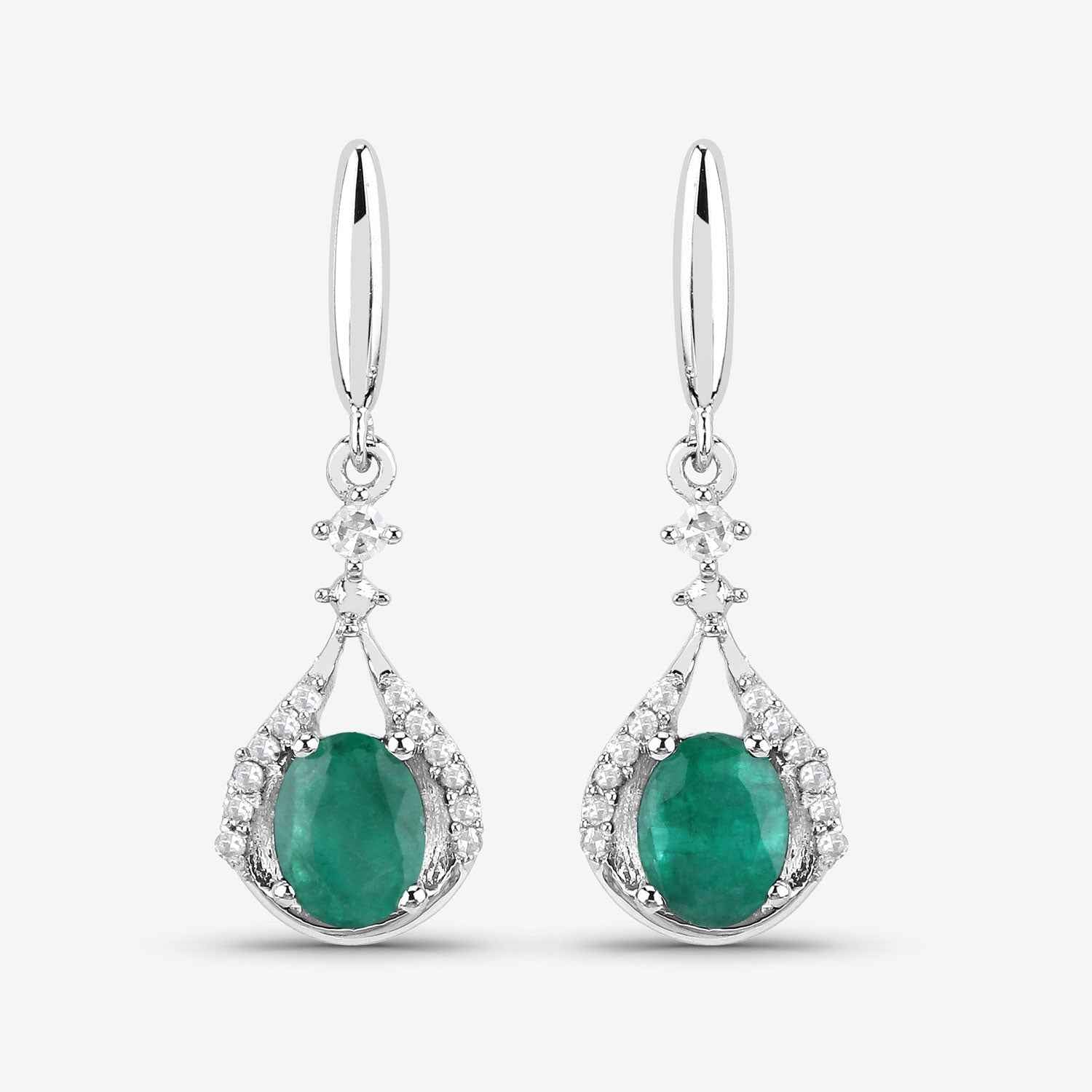 0.70 Carat Genuine Zambian Emerald and White Diamond 14K White Gold Earrings
