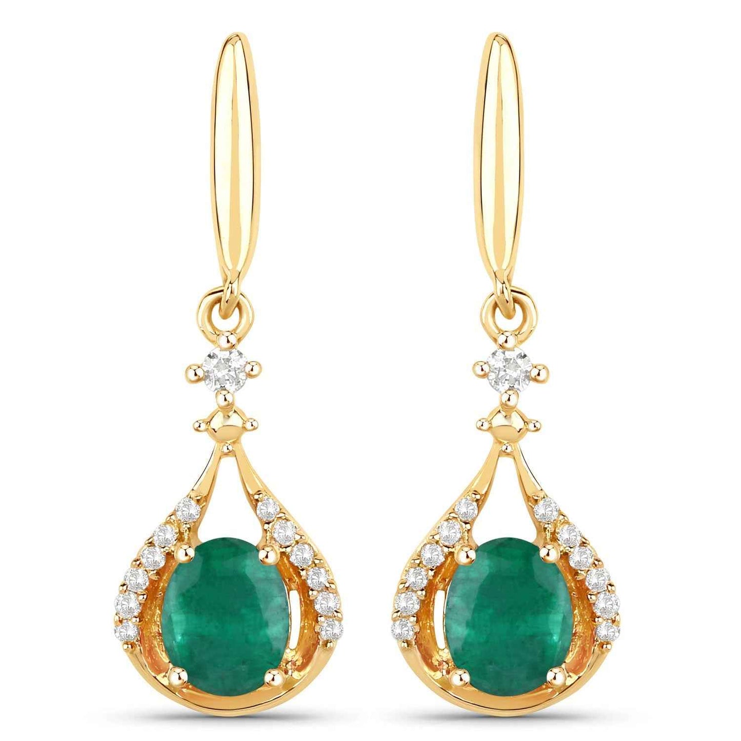 0.70 ct Genuine Zambian Emerald and White Diamond 14K Yellow Gold Earrings