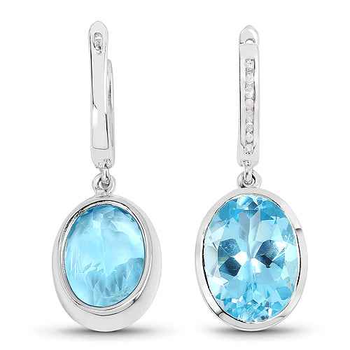 15.13 Carat Genuine Blue Topaz and White Diamond .925 Sterling Silver Earrings