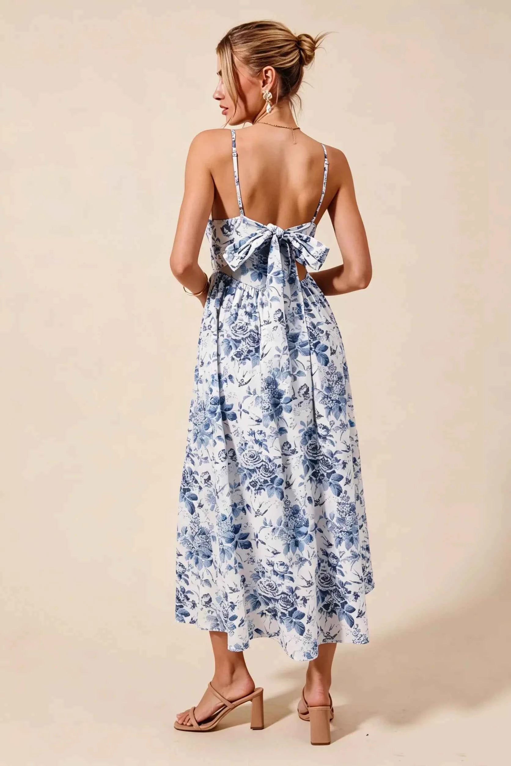 SO ME Floral Woven V Neck Dress With Back Ribbon Tie