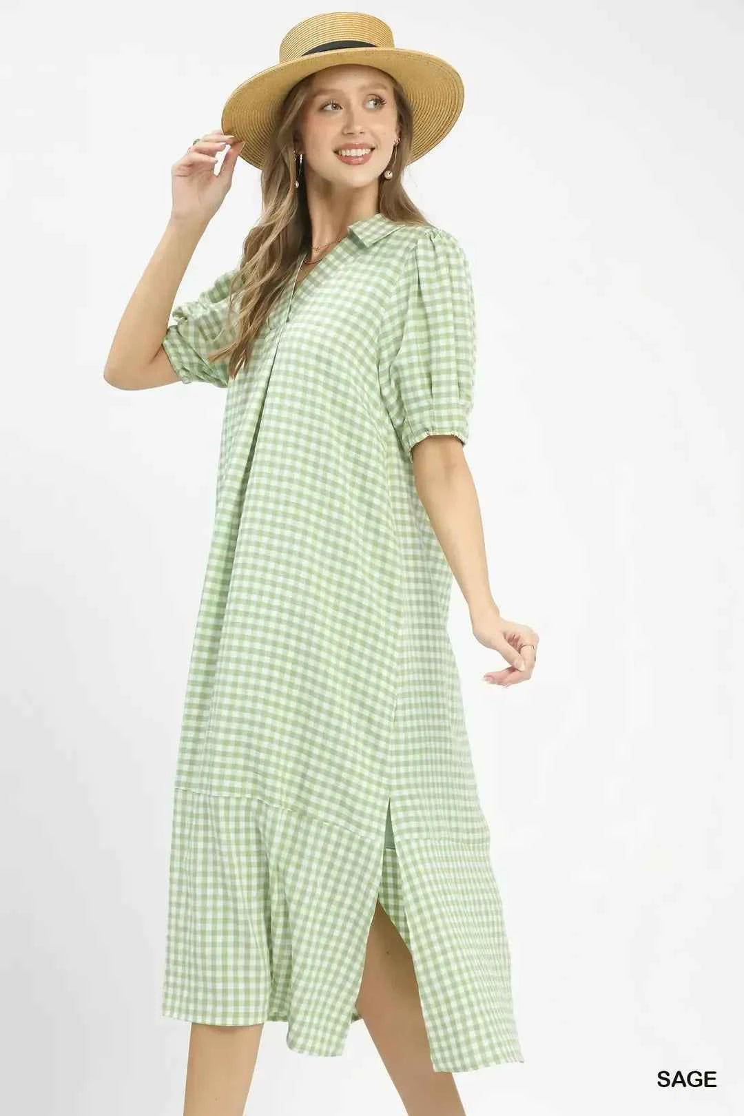 Umgee Gingham Midi Dress with Side Pockets