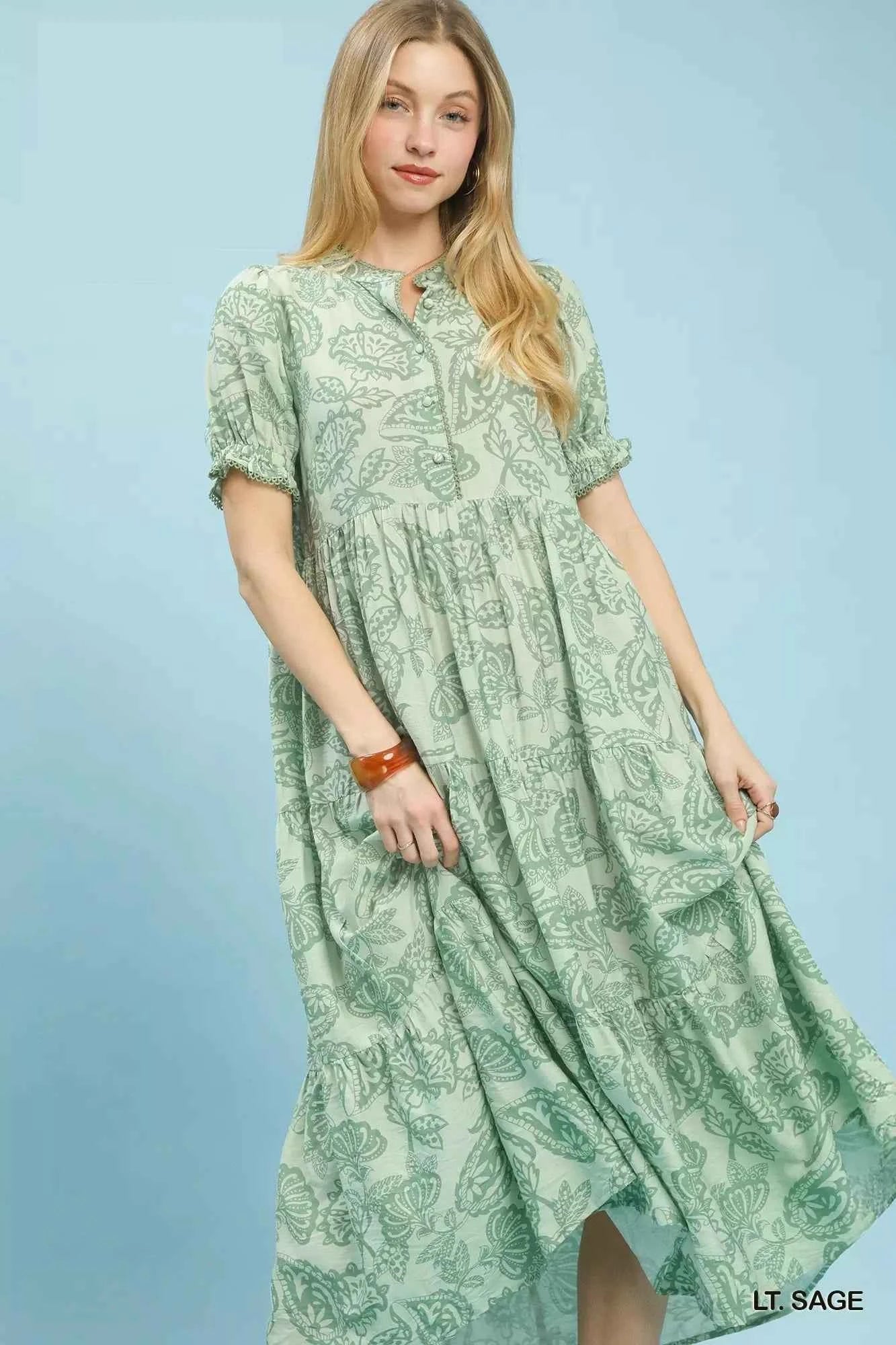 Umgee Paisley Print Tiered Midi Dress