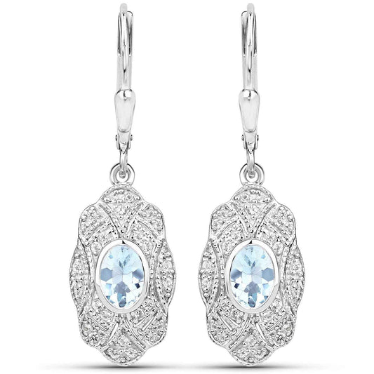 0.96 Carat Genuine Aquamarine and White Topaz .925 Sterling Silver Earrings