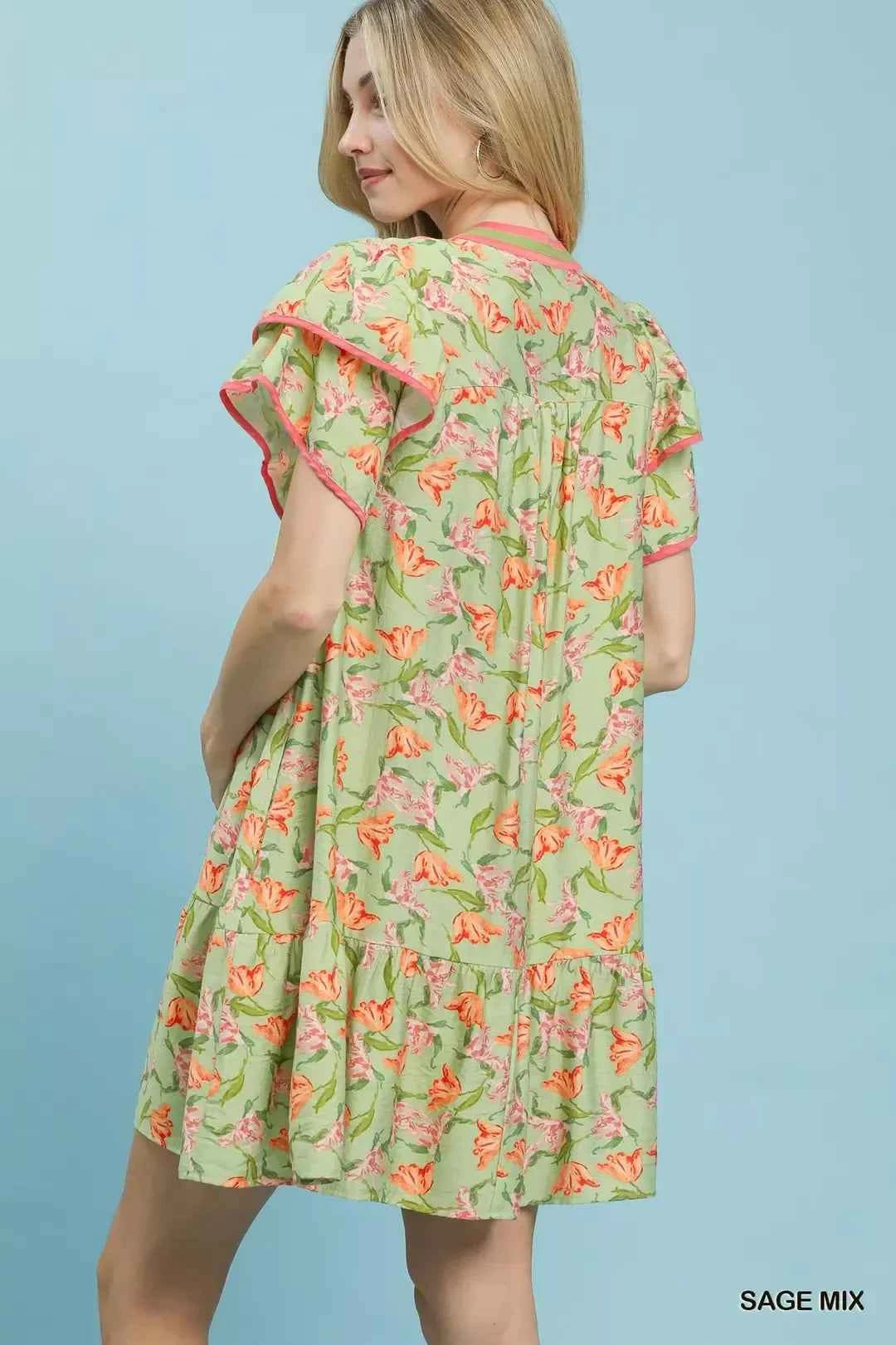 Umgee Floral Flutter Sleeve Tiered Dress
