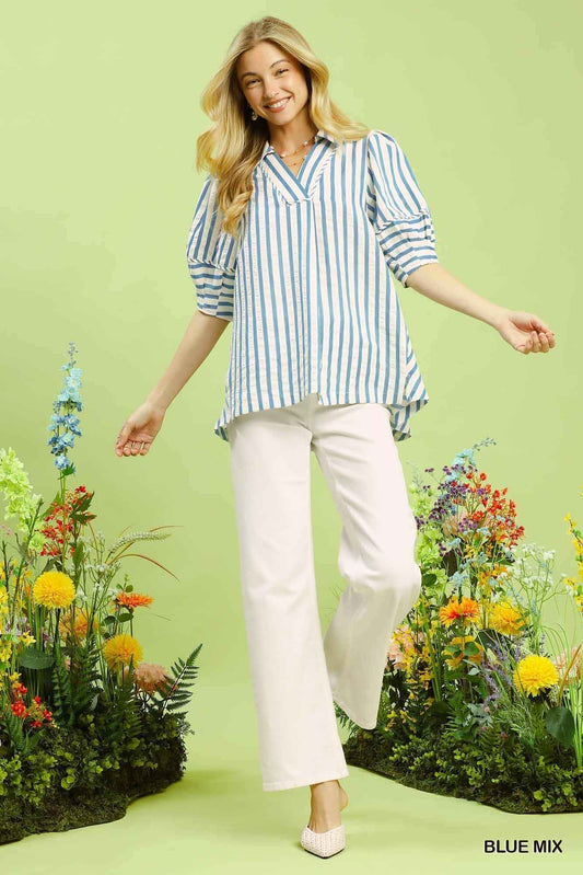 Umgee Striped Puff Sleeve Blouse