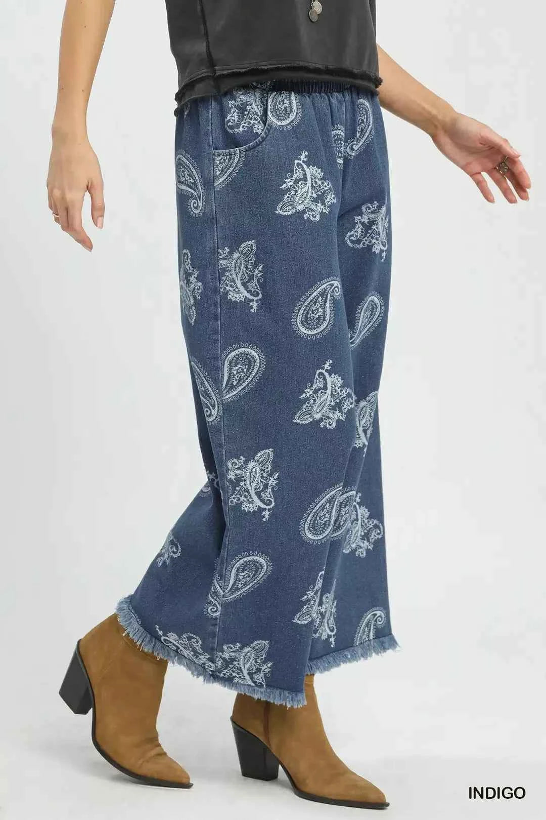 Umgee Denim Paisley Wide-Leg Pants