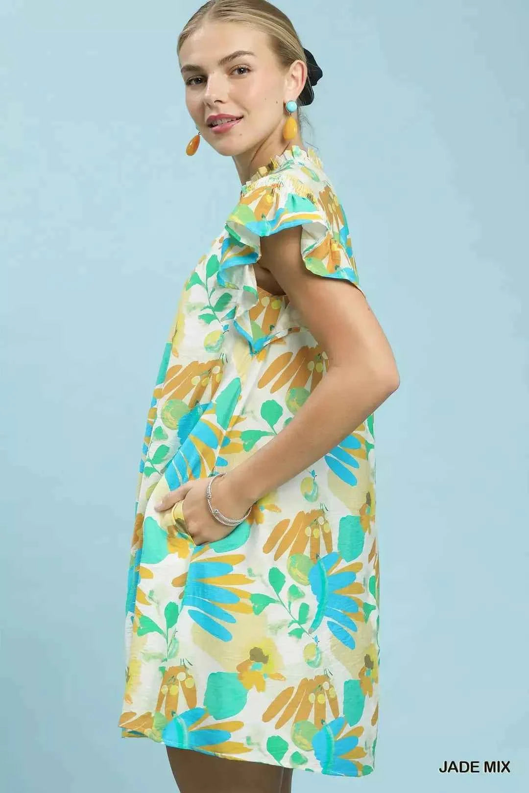 Umgee Ruffled Botanical Print Mini Dress