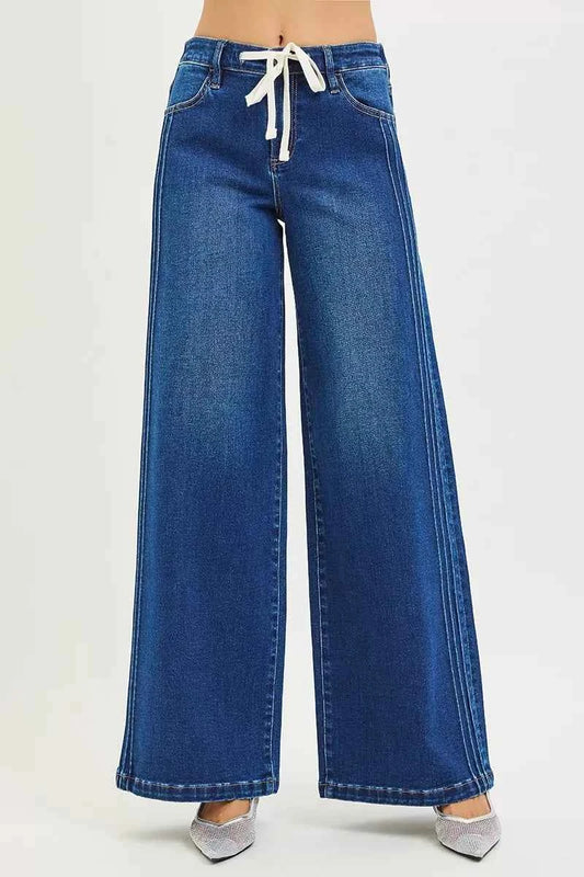 RISEN Full Size Mid Rise Wide Side Pintuck Jeans with Front Drawstring Plus Size
