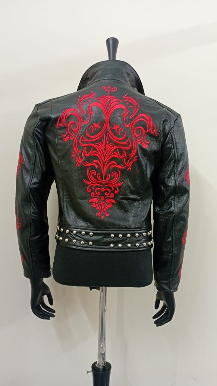 Men's Gothic Dragon Black Leather Jacket with Red Embroidery