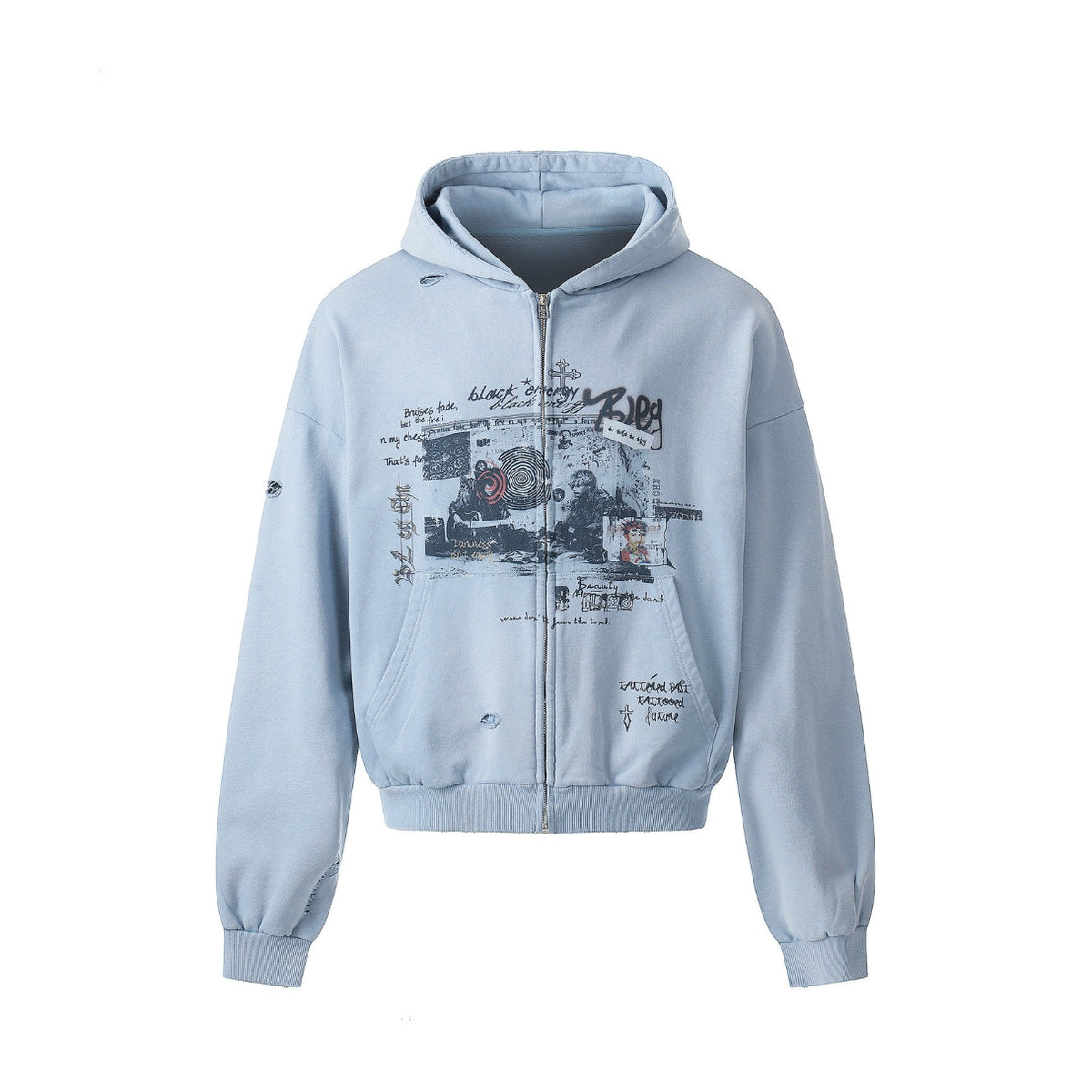 Faded Script Distress Zip Hoodie