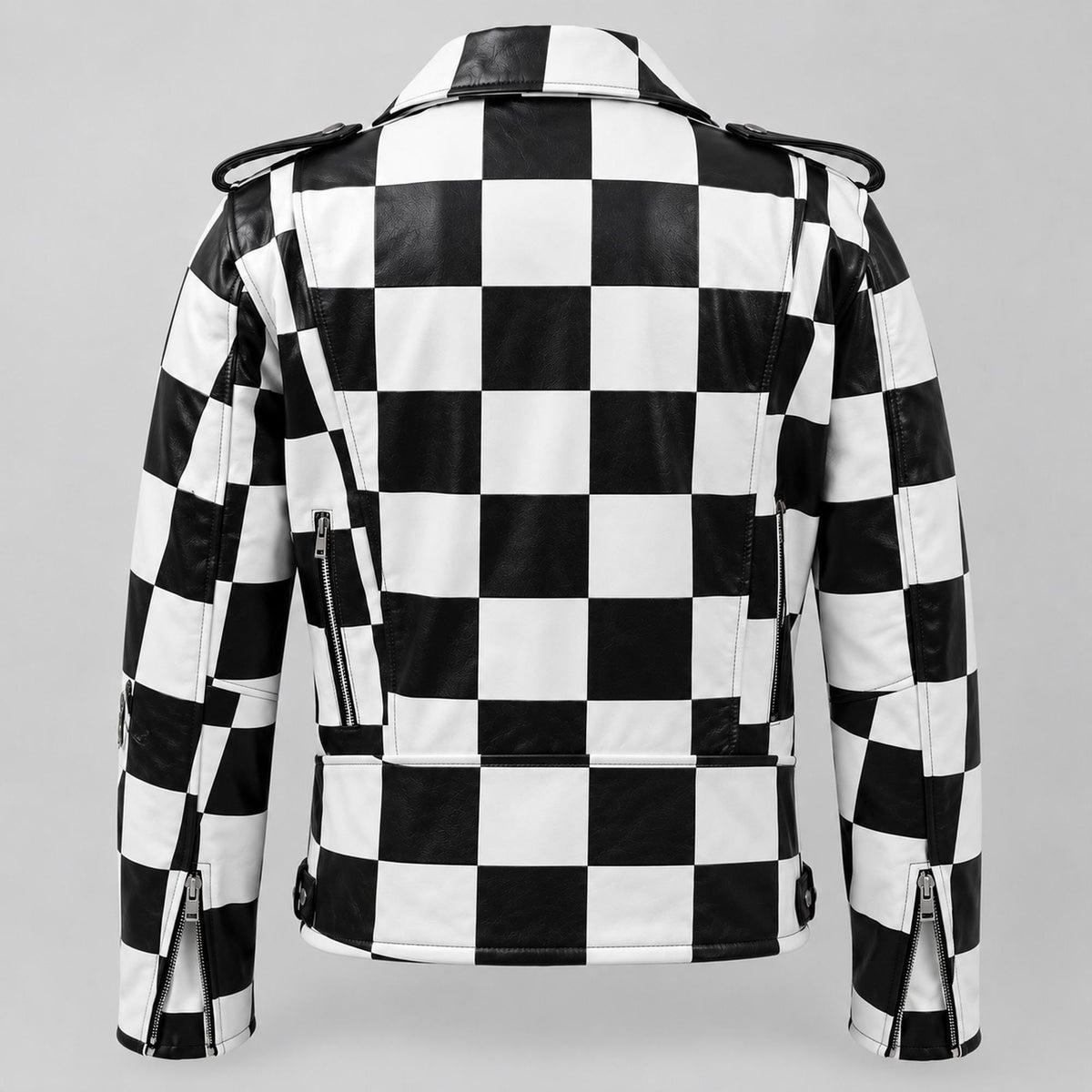 Men's Black and White Checkered Leather Motorcycle Jacket
