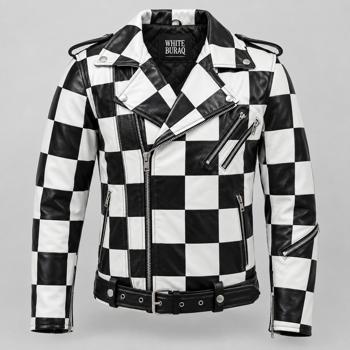Men's Black and White Checkered Leather Motorcycle Jacket