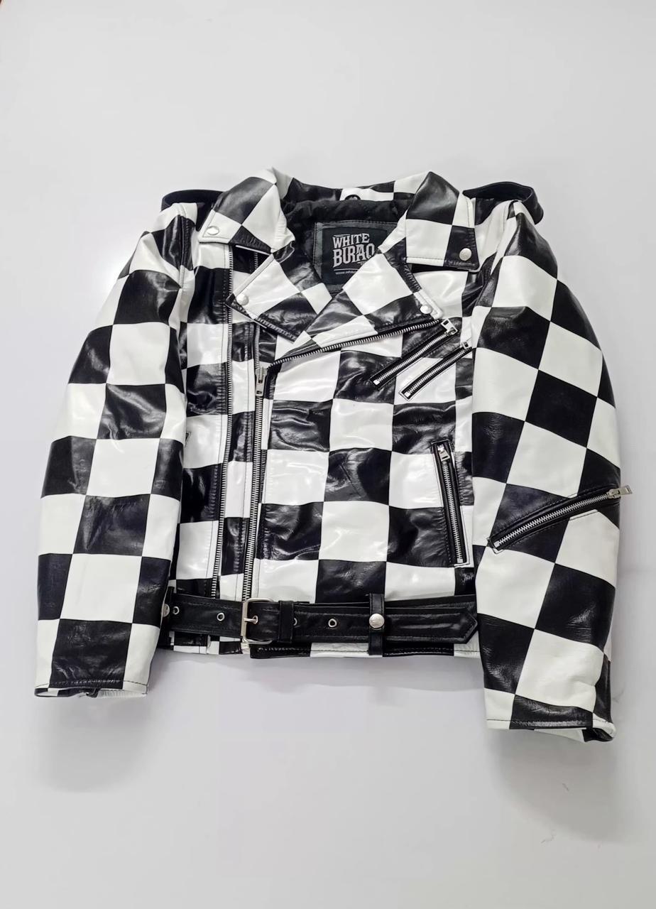 Men's Black and White Checkered Leather Motorcycle Jacket