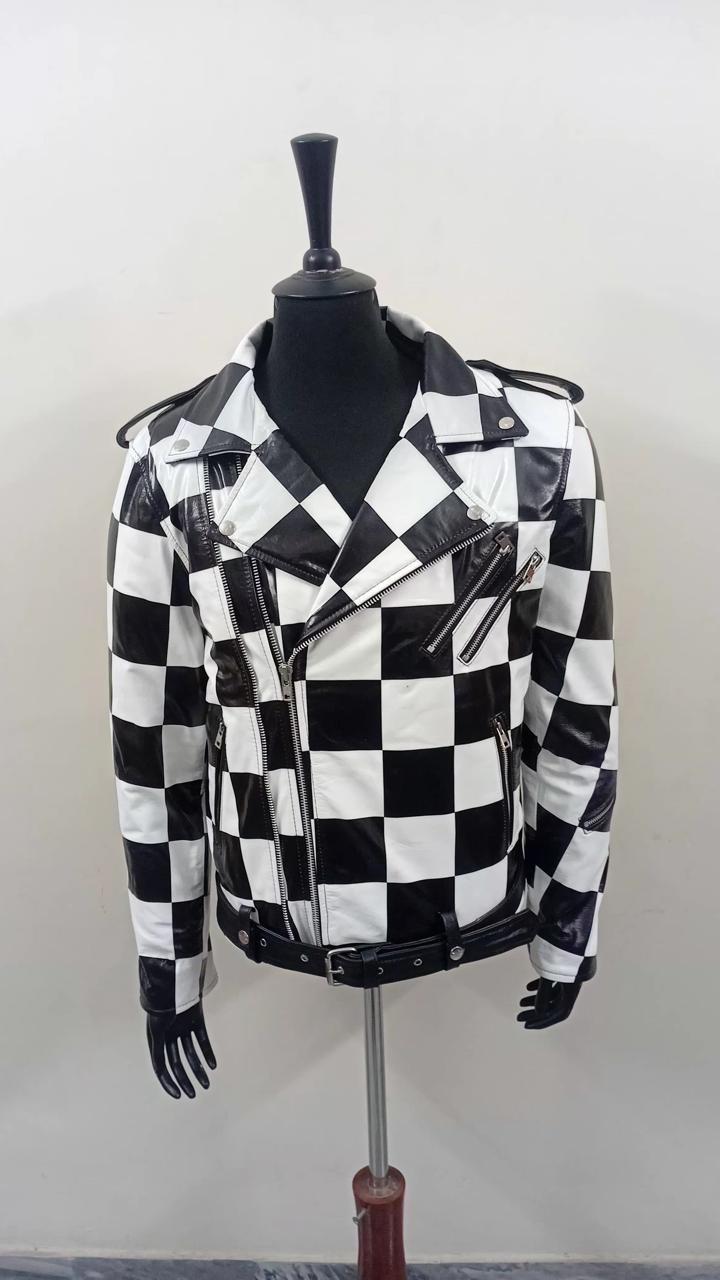 Men's Black and White Checkered Leather Motorcycle Jacket
