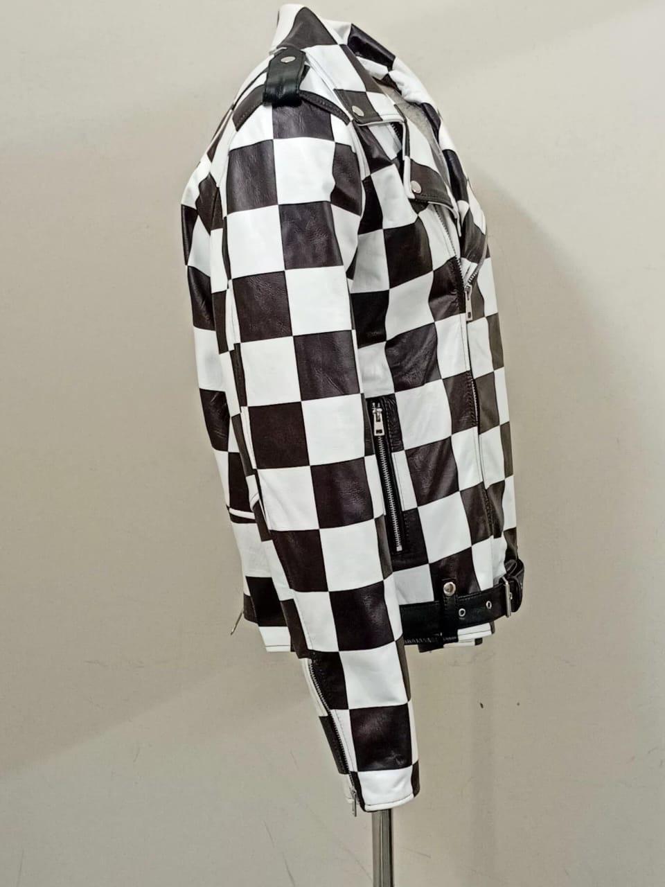 Men's Black and White Checkered Leather Motorcycle Jacket