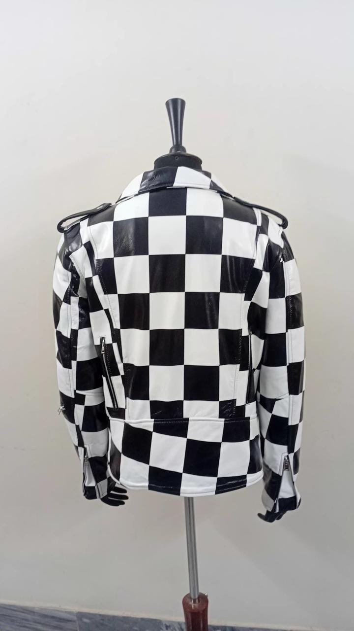 Men's Black and White Checkered Leather Motorcycle Jacket