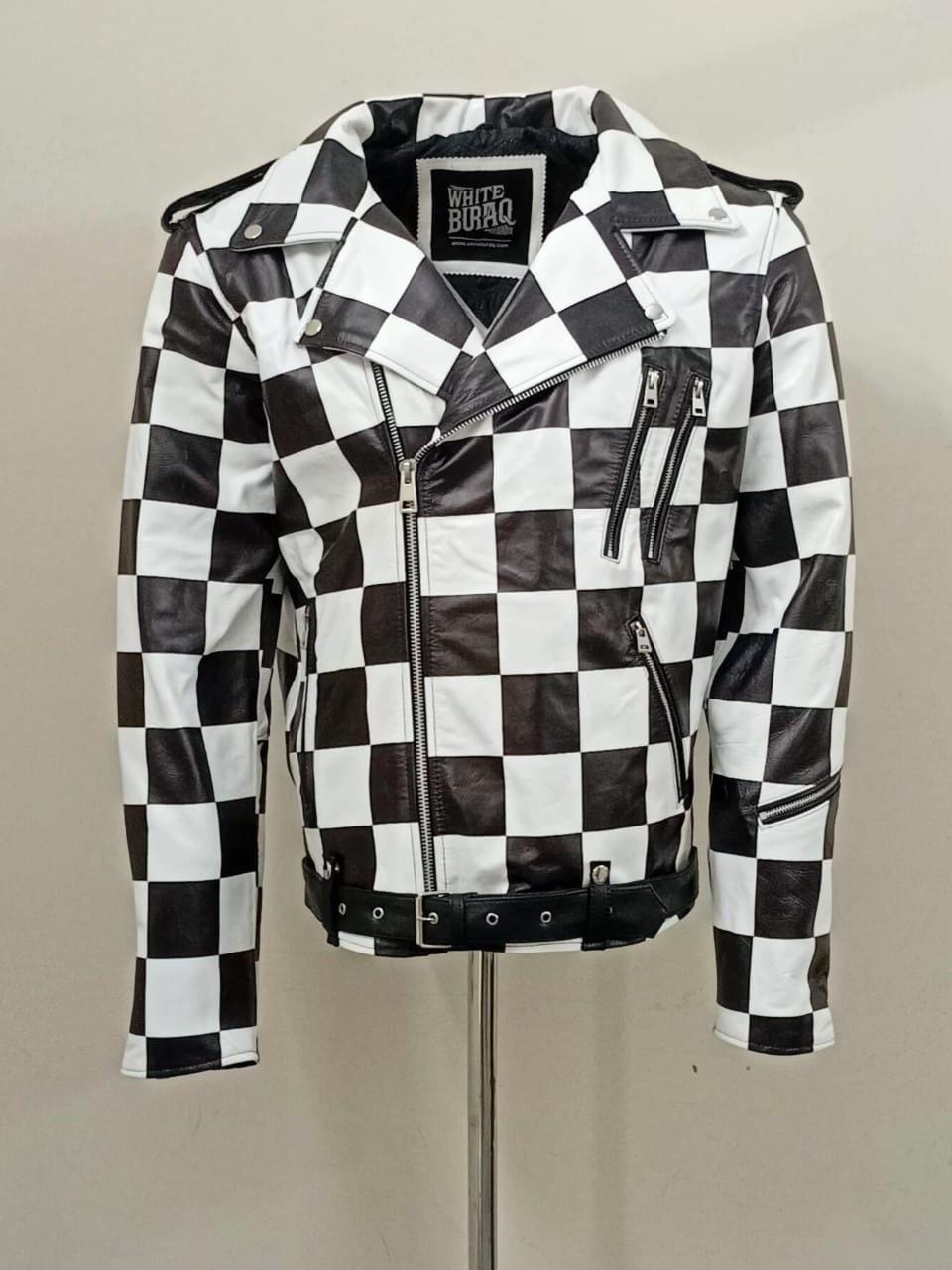 Men's Black and White Checkered Leather Motorcycle Jacket