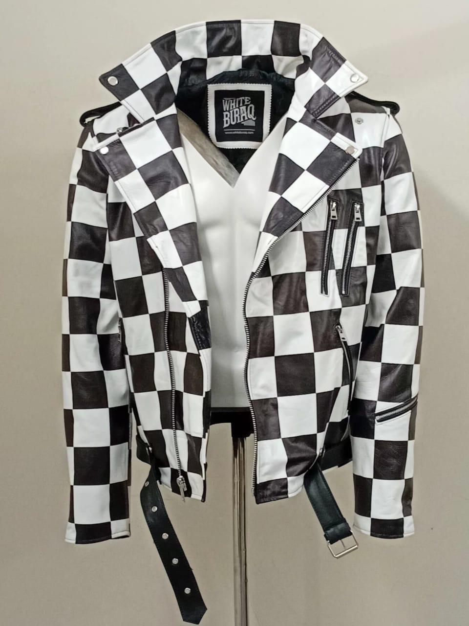 Men's Black and White Checkered Leather Motorcycle Jacket