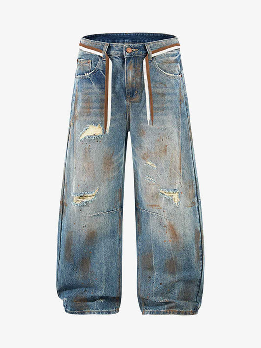 Retro Ink-Splashed Ripped Jeans