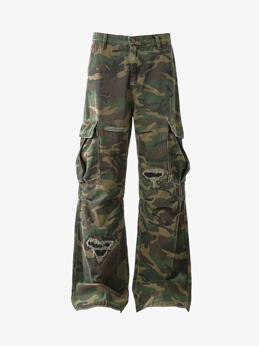 Woven Ripped Camouflage Flared Cargo Pants - 2410
