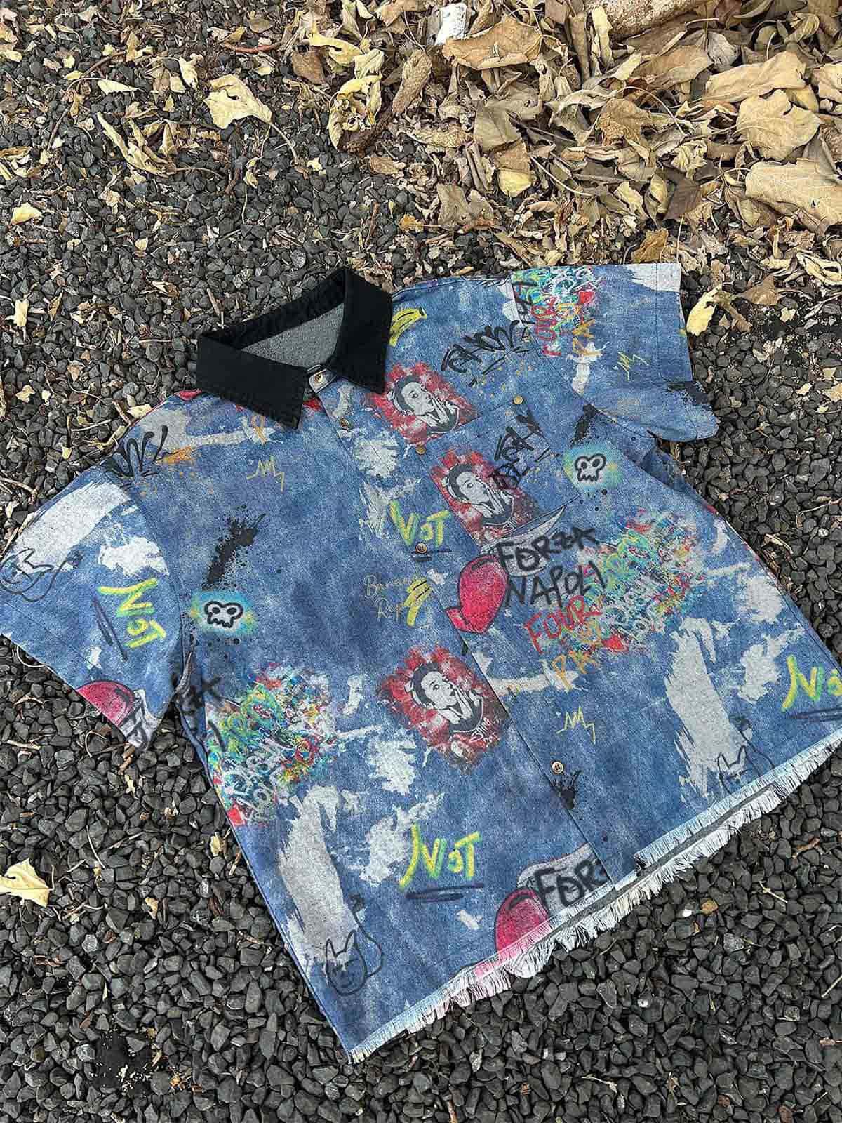 Tie-Dye Denim Graffiti Polo T-Shirt - Luxuryurbanwear