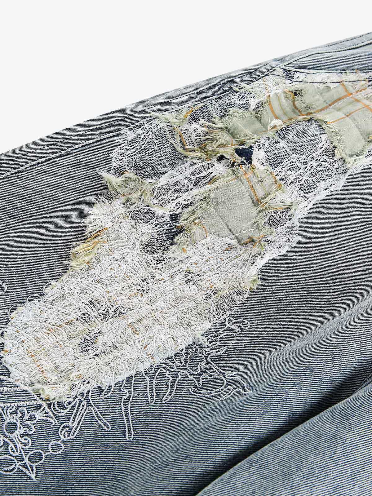 Ripped Lace Patchwork Straight Jeans - Luxuryurbanwear