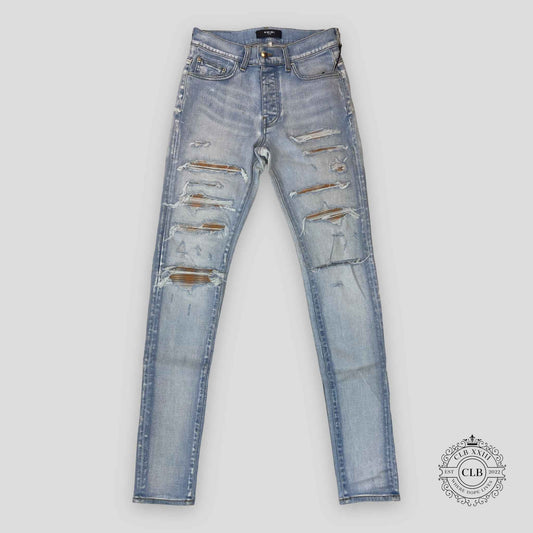 AMIRI PLAID THRASHER JEANS - LIGHT INDIGO/PEACH