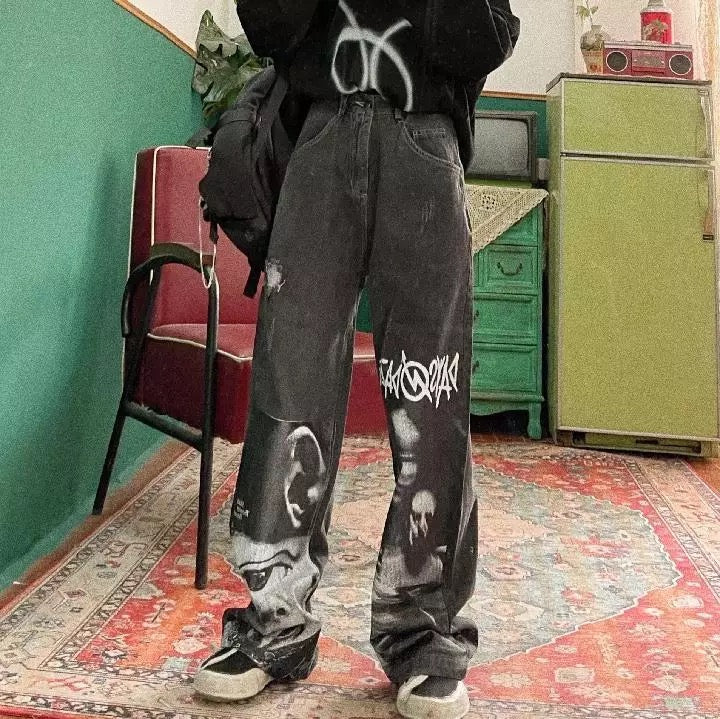 Black Graffiti Wide Leg Pants
