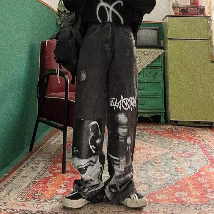 Black Graffiti Wide Leg Pants