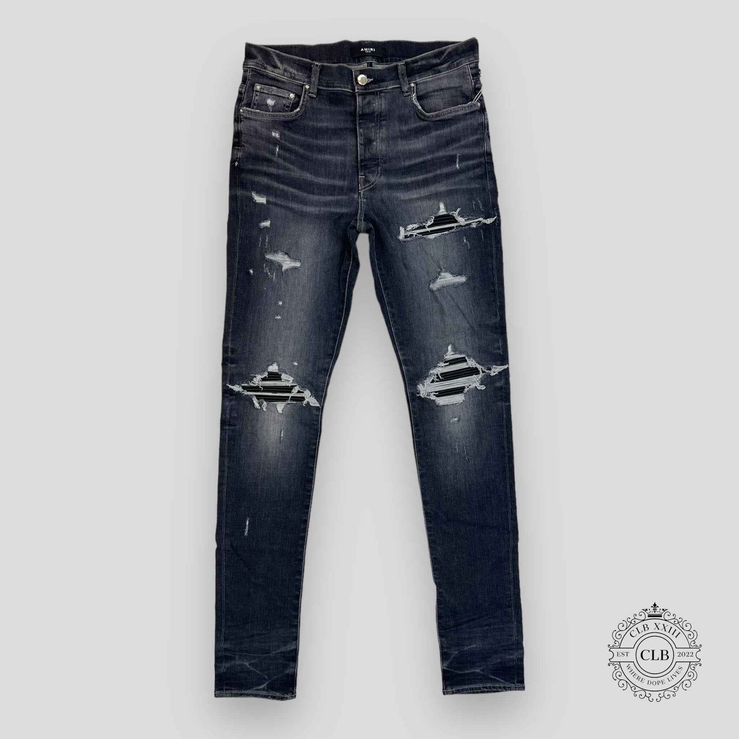 AMIRI MX1 BLACK LEATHER PATCH JEANS - GREY