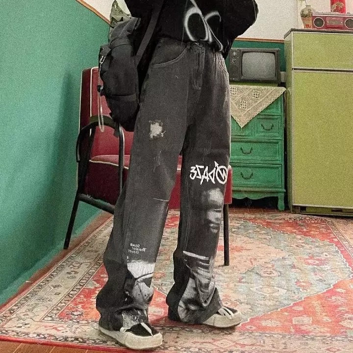 Black Graffiti Wide Leg Pants