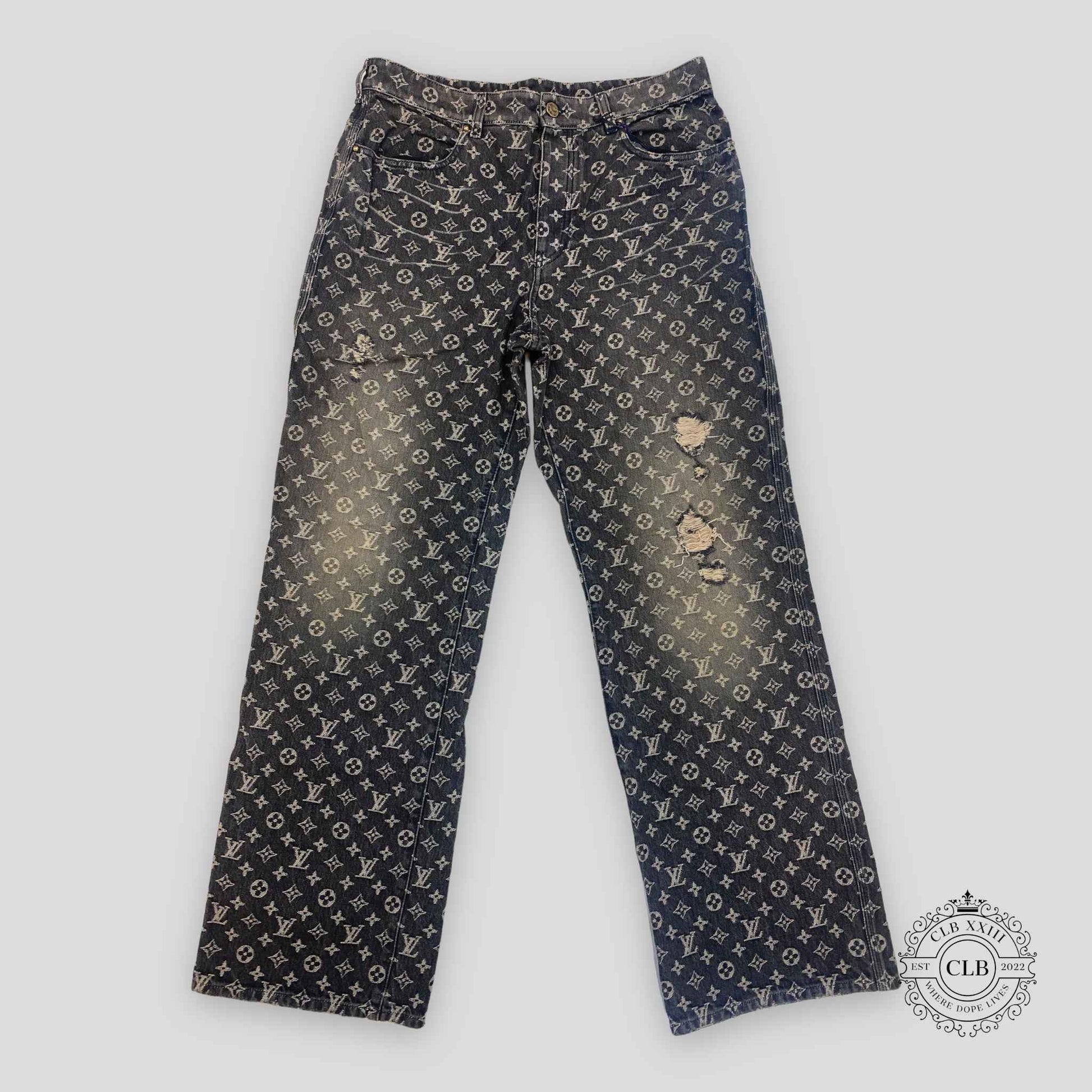 LOUIS VUITTON MONOGRAM DISTRESSED BAGGY DENIM JEANS