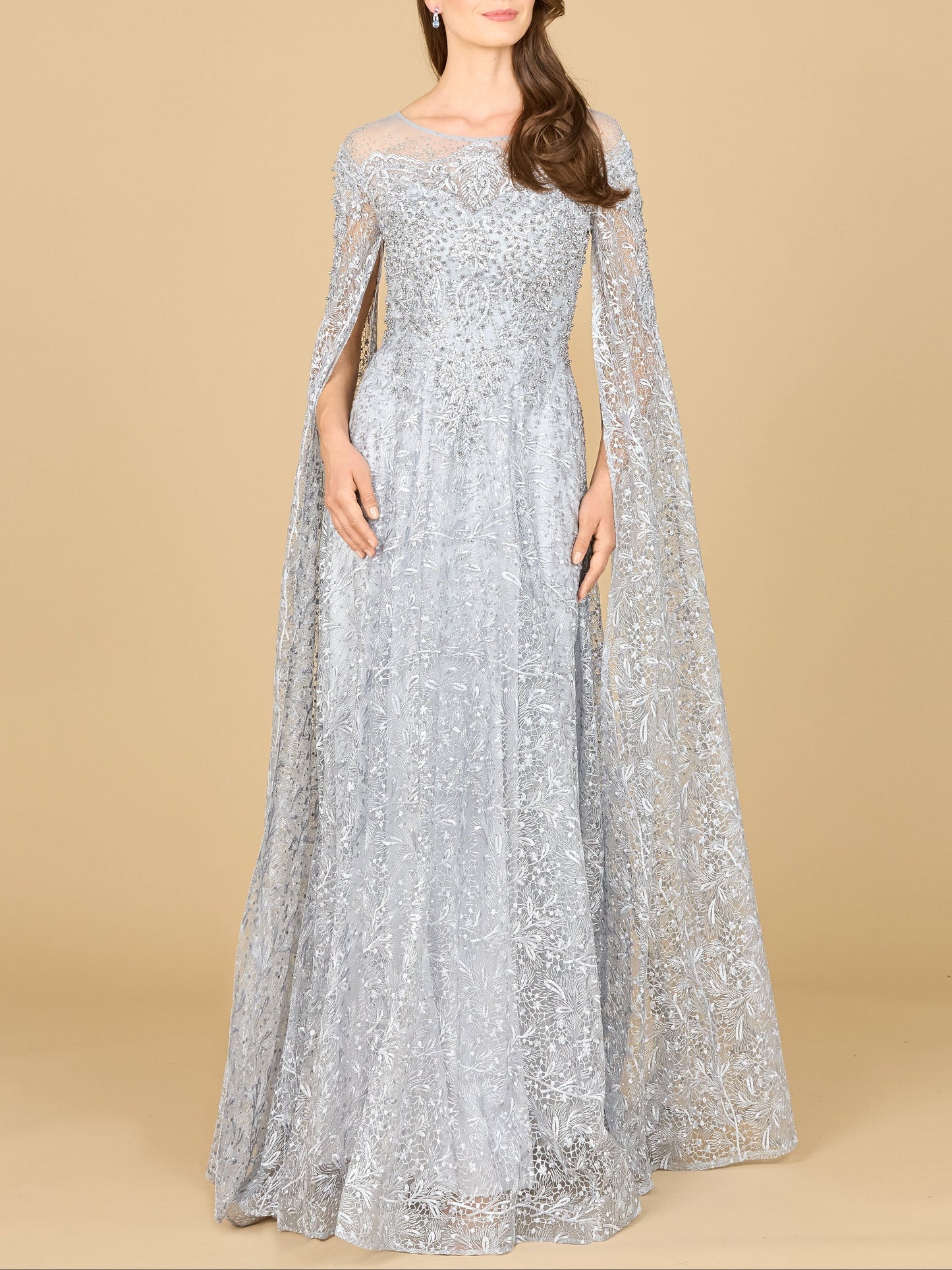 Lace Gown with Dramatic Cape Sleeves | Lara 29454 - JUSTLUXURY