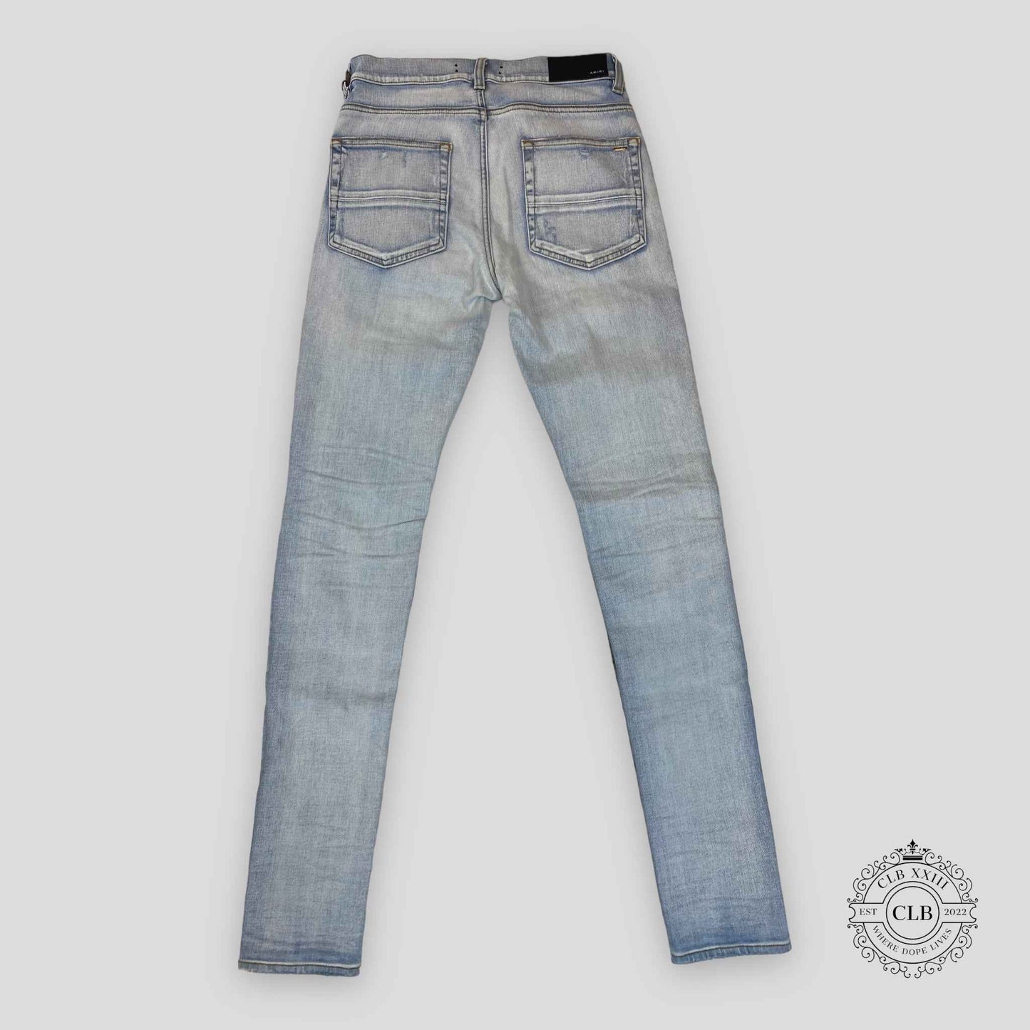 AMIRI PLAID THRASHER JEANS - LIGHT INDIGO/PEACH
