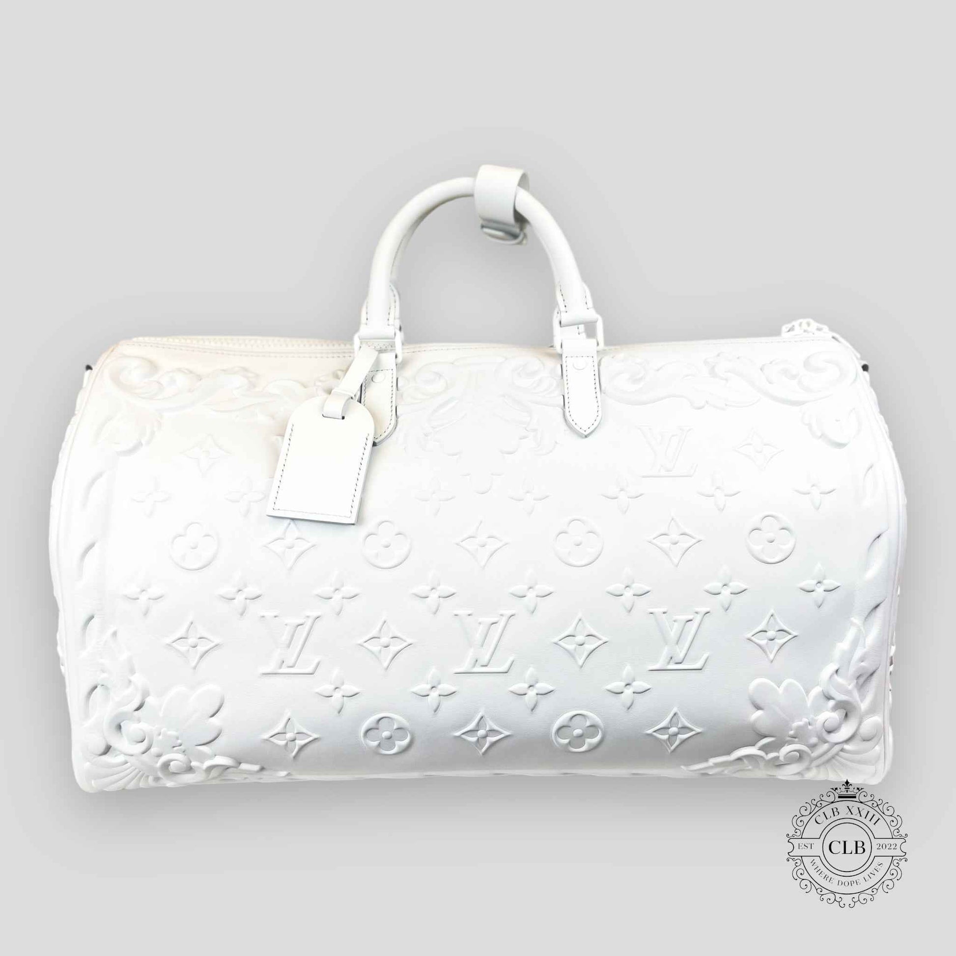 LOUIS VUITTON OPTIC WHITE EMBOSSED MONOGRAM KEEPALL 50
