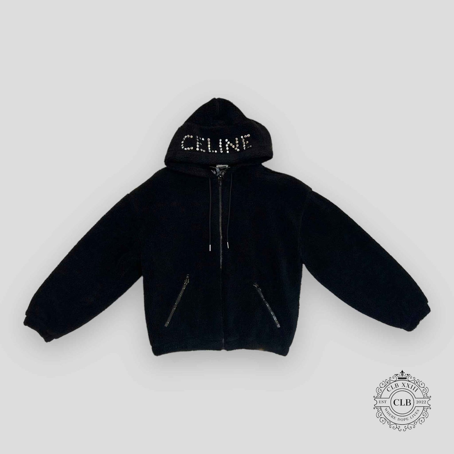 Celine Homme Logo Embellished Fleece Hoodie in Black
