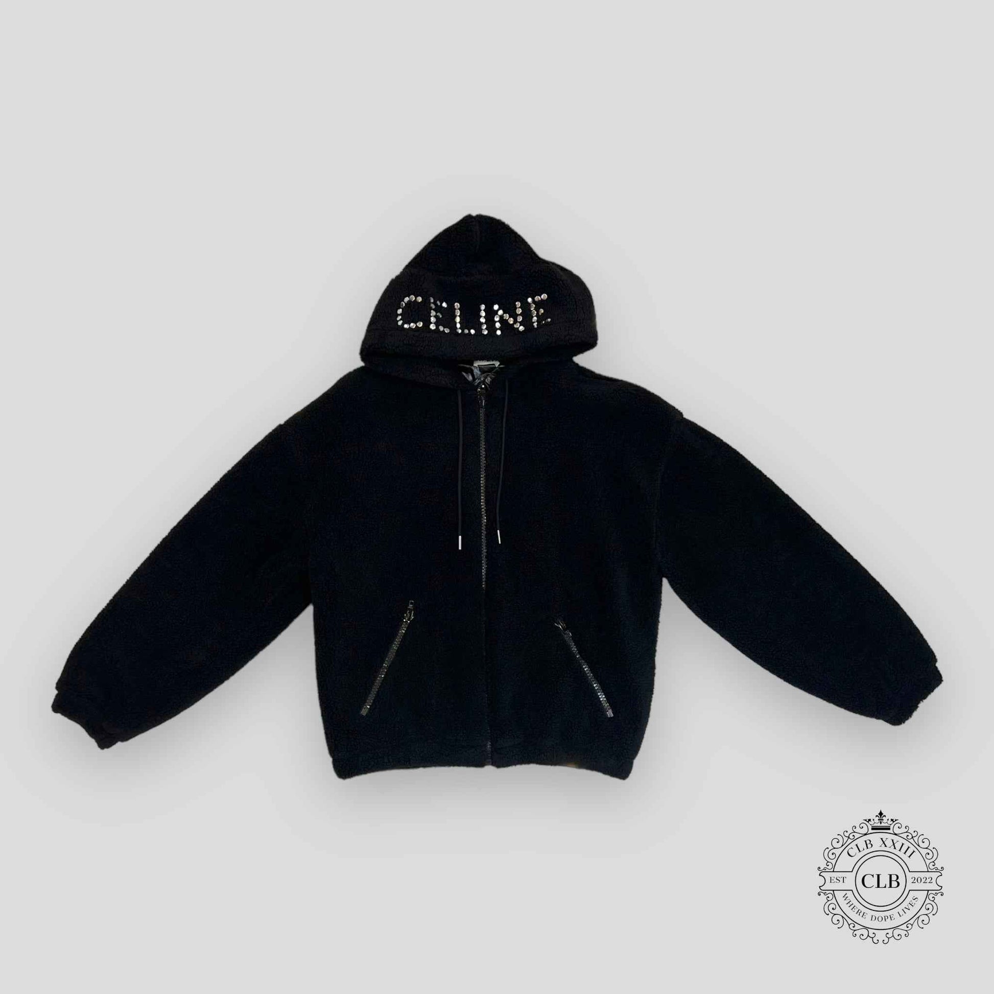 Celine Homme Logo Embellished Fleece Hoodie in Black