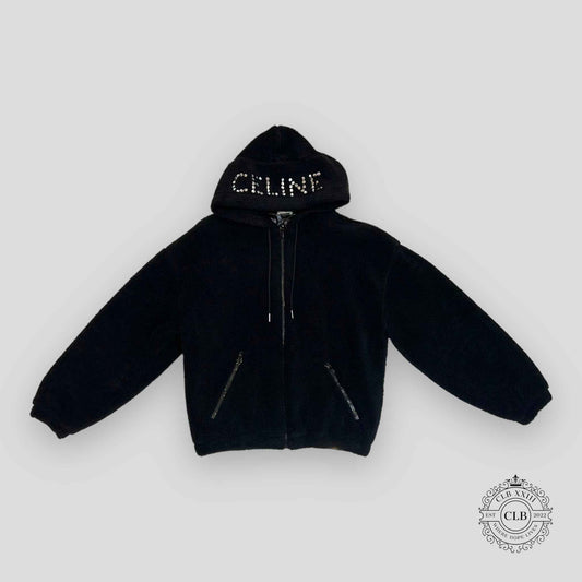 Celine Homme Logo Embellished Fleece Hoodie in Black