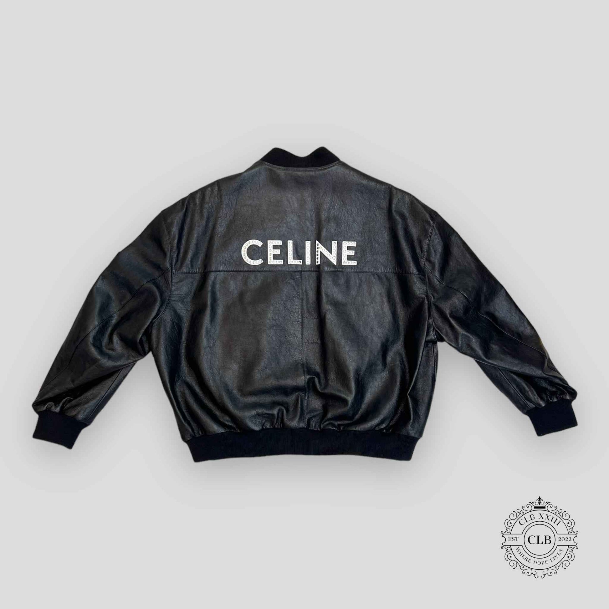 Celine Homme Studded Logo Leather Bomber Jacket in Black