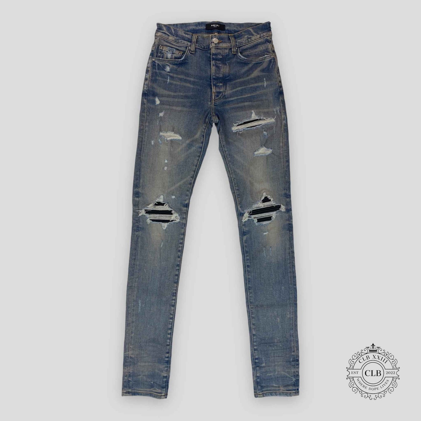 Amiri MX1 Black Leather Patch Jeans in Clay/Indigo