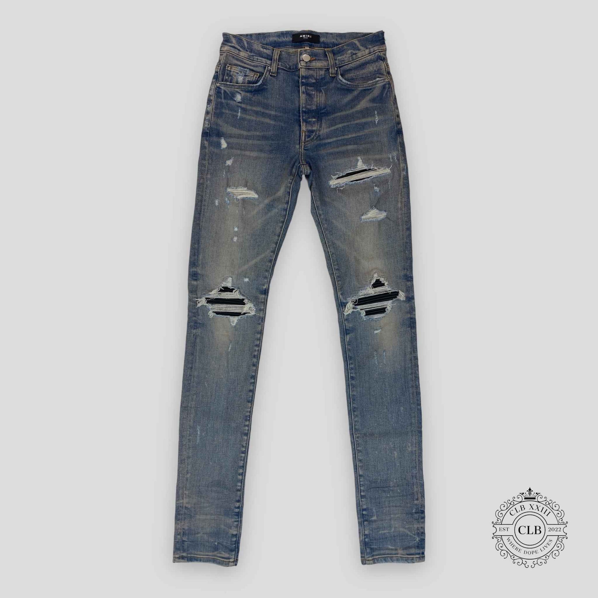 Amiri MX1 Black Leather Patch Jeans in Clay/Indigo