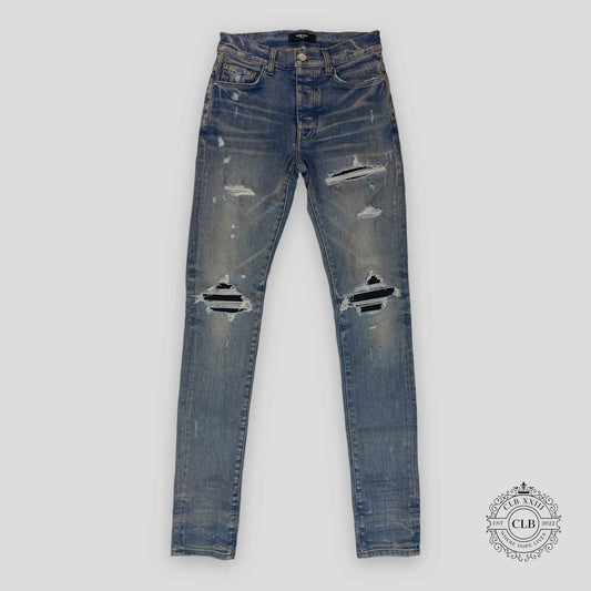 Amiri MX1 Black Leather Patch Jeans in Clay/Indigo