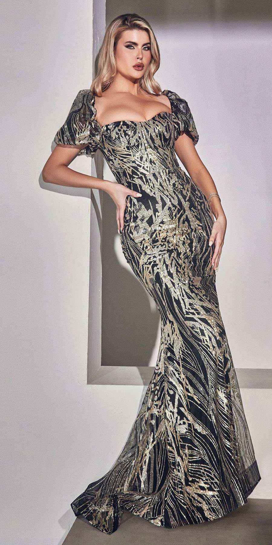 Ladivine J833 Long Glitter Printed Gown with Off Shoulder Puff Sleeves