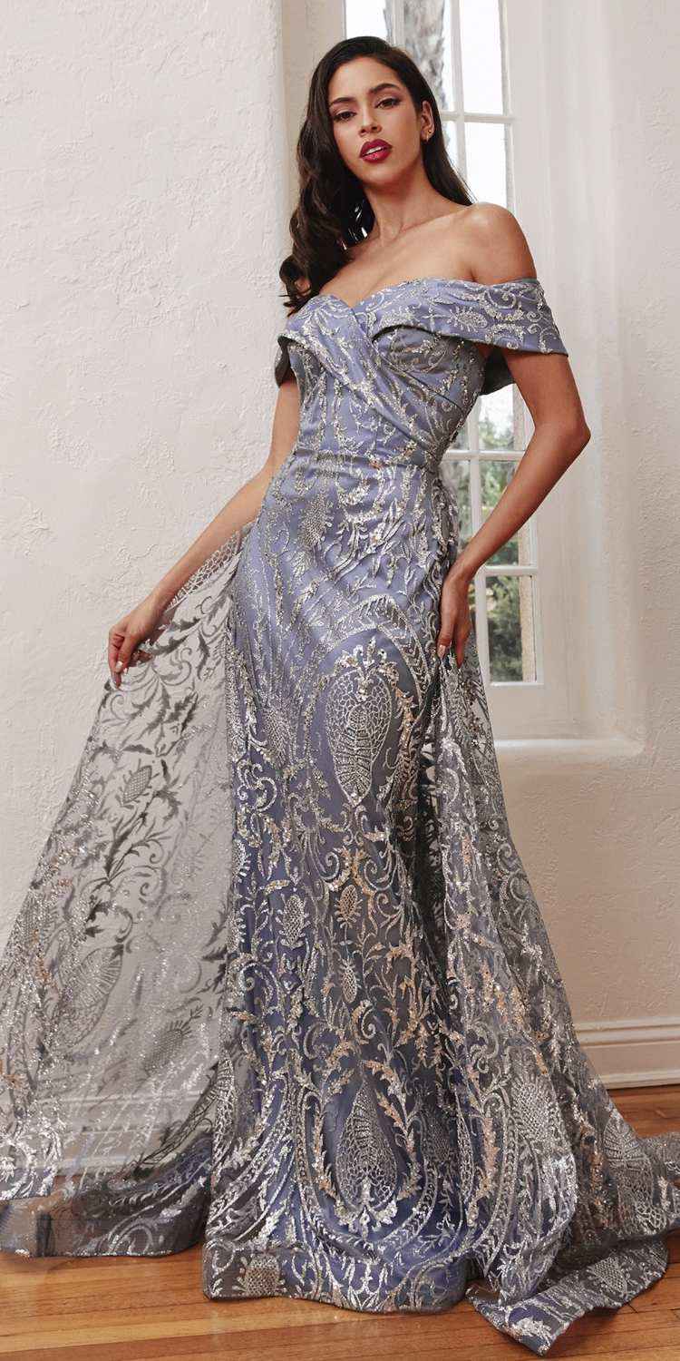 Ladivine J836 Long Off the Shoulder Lace Gown with Over Skirt